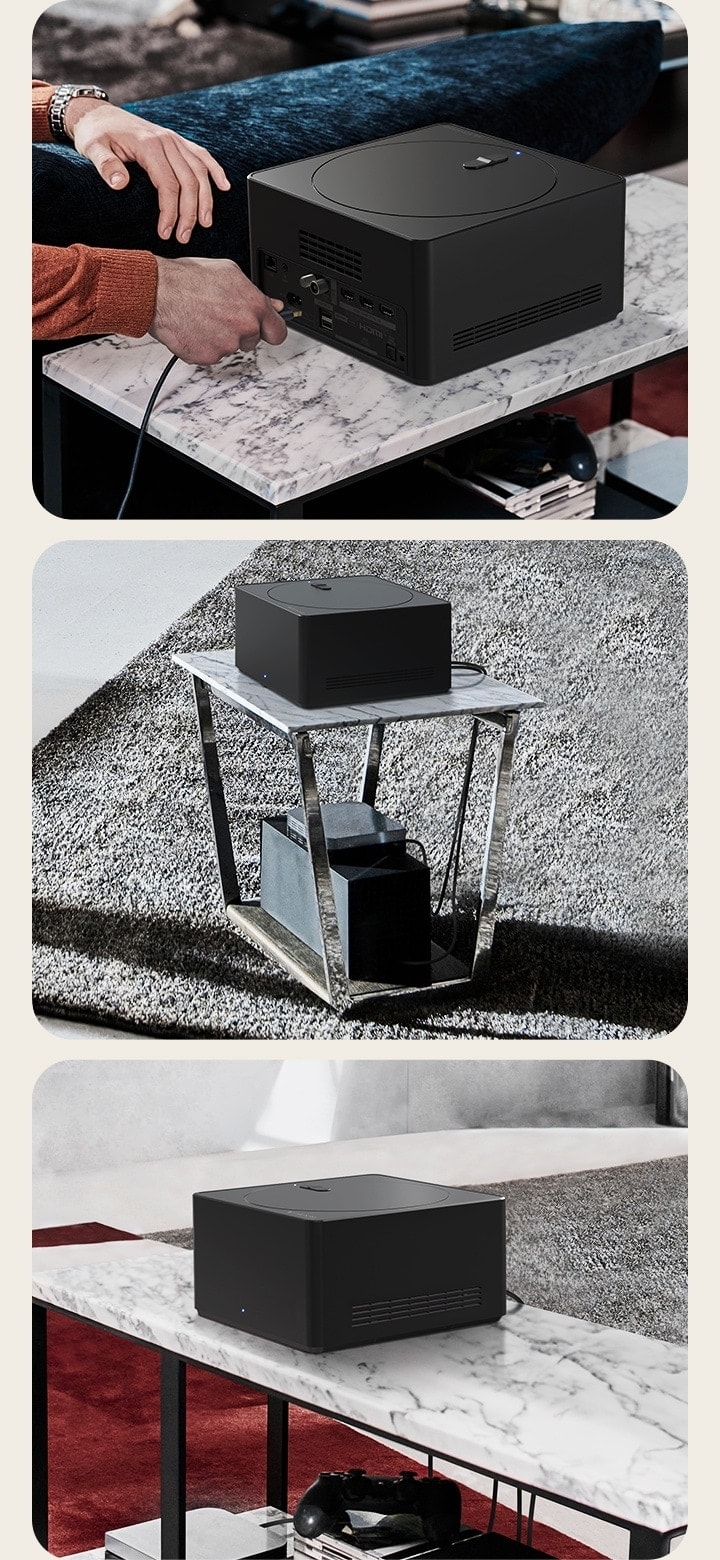 Three images show a Zero Connect Box. The first shows a cable being plugged into the Zero Connect Box. The second shows a Zero Connect Box on top of a small table with devices underneath. The third shows a Zero Connect Box on top of a large table with devices and consoles underneath.