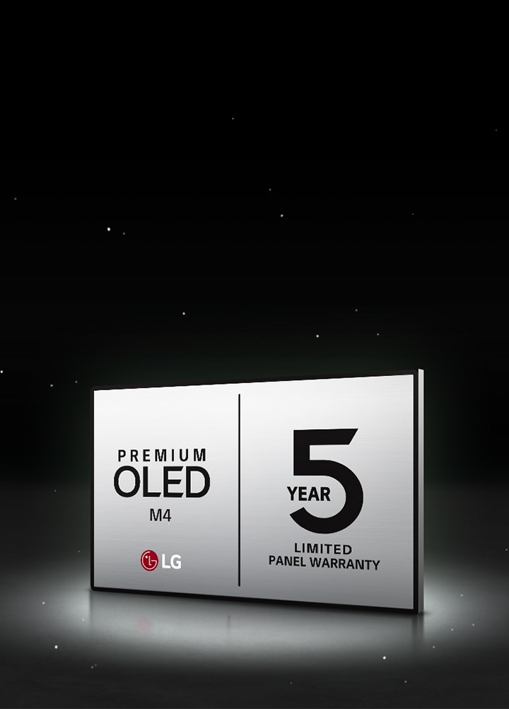 LG OLED Care+ and 5 Year Panel Warranty logo against a black backdrop.