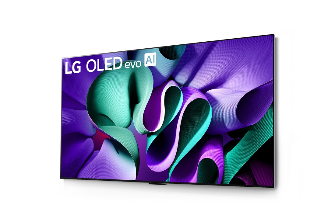 Linke Seitenansicht der ultra-schlanken Seitenkante des LG OLED M4 auf dem Standfuß