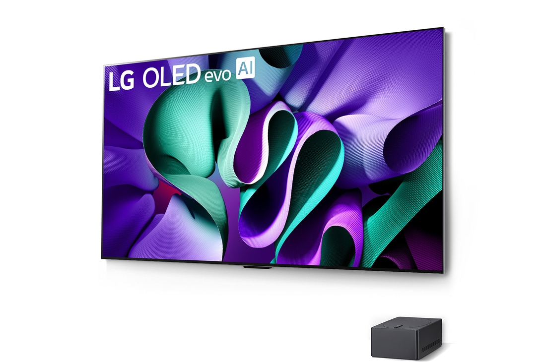 Leicht geneigte rechte Seitenansicht des LG OLED M4 auf dem Standfuß