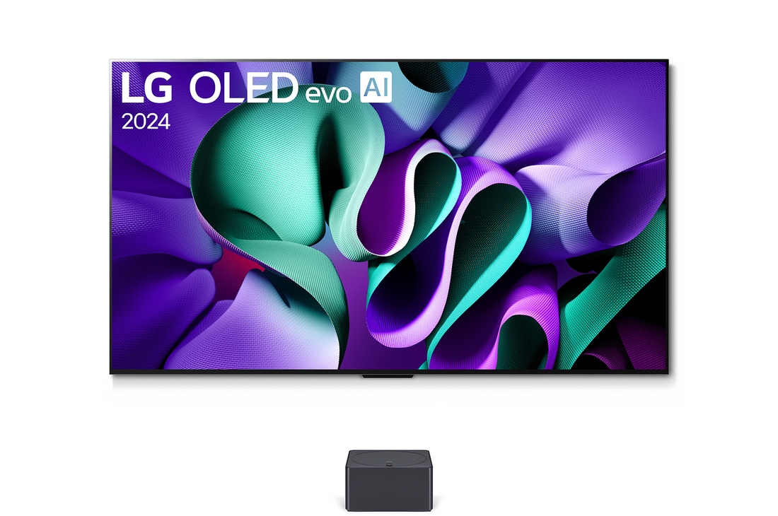 Leicht abgewinkelte Seitenansicht des LG OLED M4 auf dem Standfuß mit der Zero Connect Box darunter