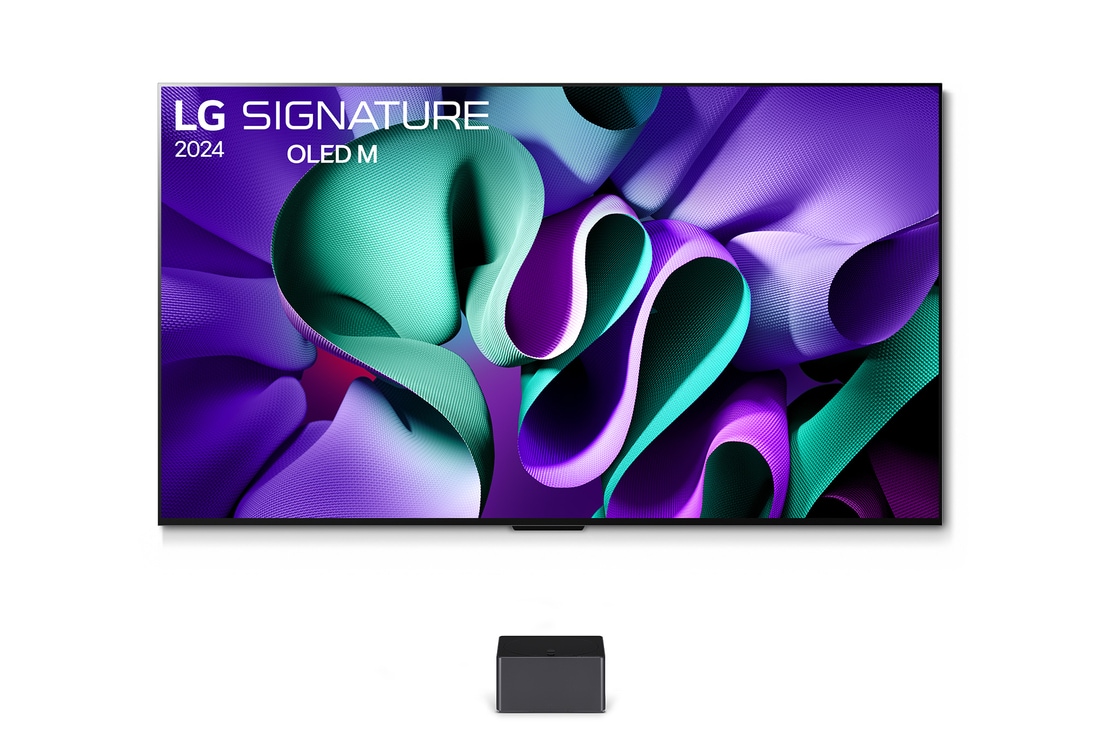 Leicht abgewinkelte Seitenansicht des LG OLED M4 auf dem Standfuß mit der Zero Connect Box darunter