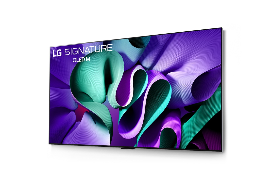 Linke Seitenansicht der ultra-schlanken Seitenkante des LG OLED M4 auf dem Standfuß