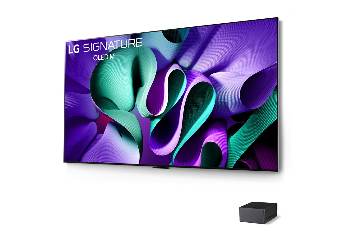 Leicht geneigte rechte Seitenansicht des LG OLED M4 auf dem Standfuß