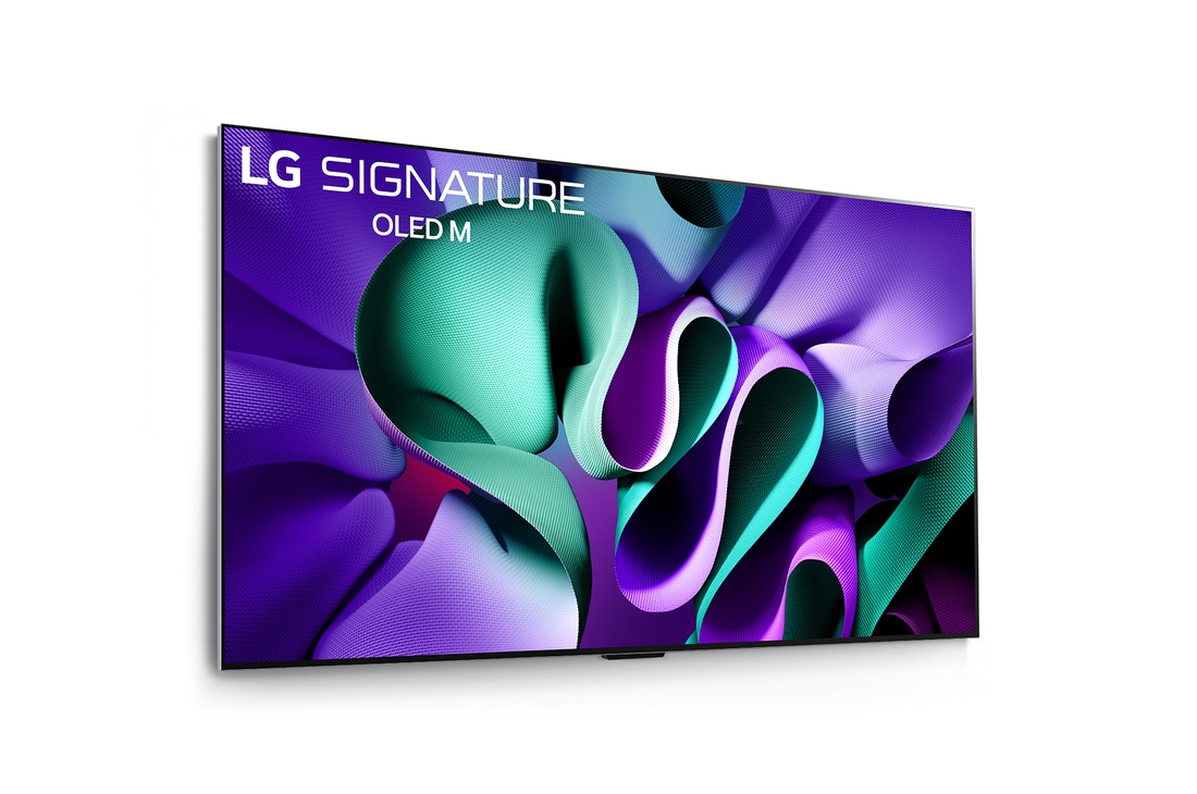 Luftaufnahme der ultra-schlanken Oberkante des LG OLED M4 auf dem Standfuß