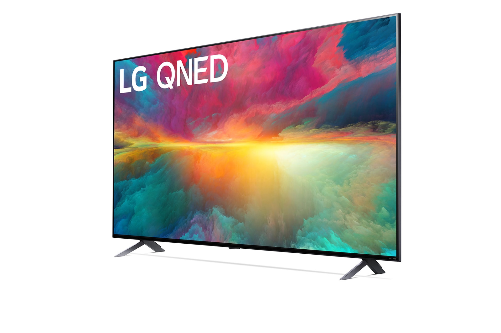Leicht abgewinkelte Seitenansicht des LG QNED TV, 43QNED776RB