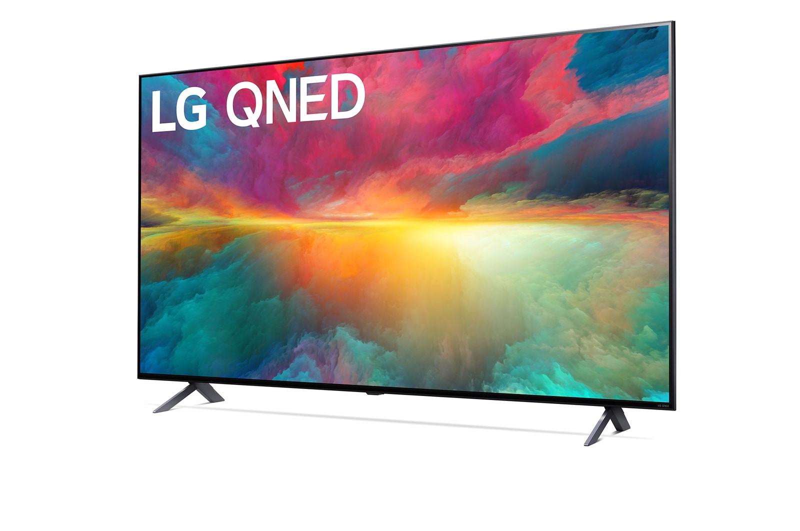Leicht abgewinkelte Seitenansicht des LG QNED TV, 75QNED776RB
