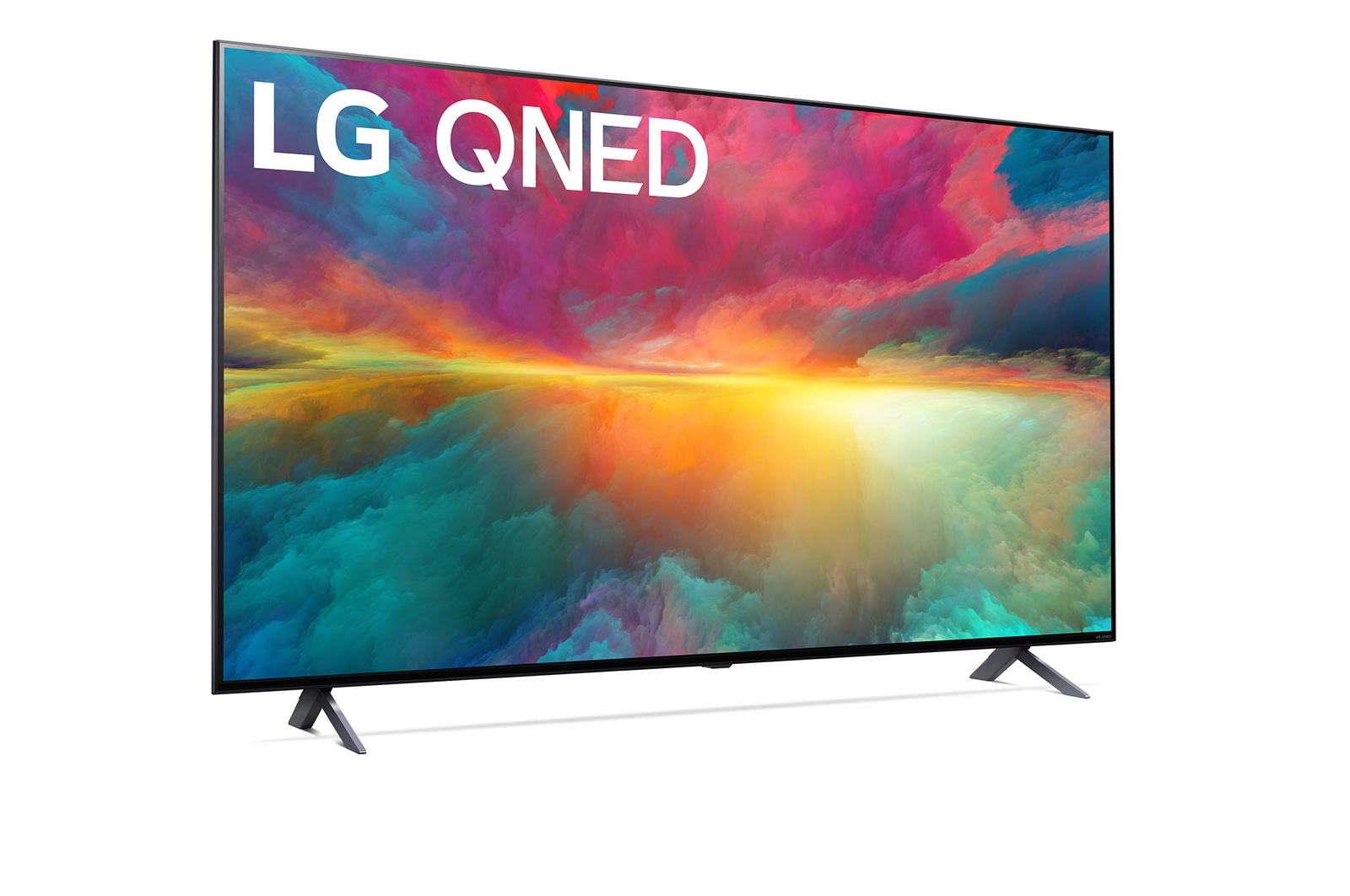 Leicht abgewinkelte Seitenansicht des LG QNED TV, 75QNED776RB
