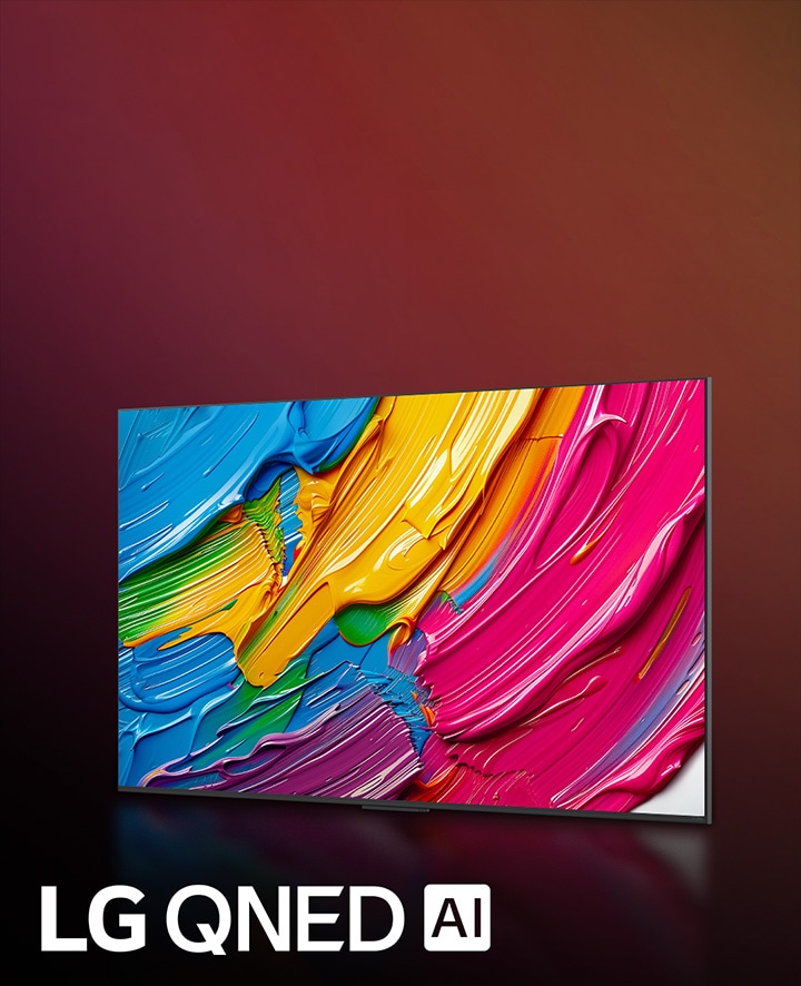 Der LG QNED TV sitzt leicht angewinkelt auf der linken Seite und zeigt bunte, farbige Texturen in Rot, Gelb, Grün, Blau und Lila. Hinter dem Fernseher befindet sich der alpha 8 AI Prozessor Gen2, der orange und pinkes Licht ausstrahlt. Das Logo des LG QNED evo AI befindet sich in der unteren linken Ecke. Der Hintergrund ist ein bunter orange-lila Farbverlauf. Auch der Text ist sichtbar: powered by alpha 8 AI Processor Gen2. 	