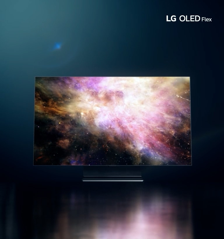 Ein Lichtblitz erscheint vor einem schwarzen Hintergrund und wird zu einer geraden Linie, die den LG OLED Flex von oben in seiner flachen Position darstellt. Die Linie krümmt sich dann und die Kamera schwenkt nach unten, um den LG OLED Flex zu enthüllen.