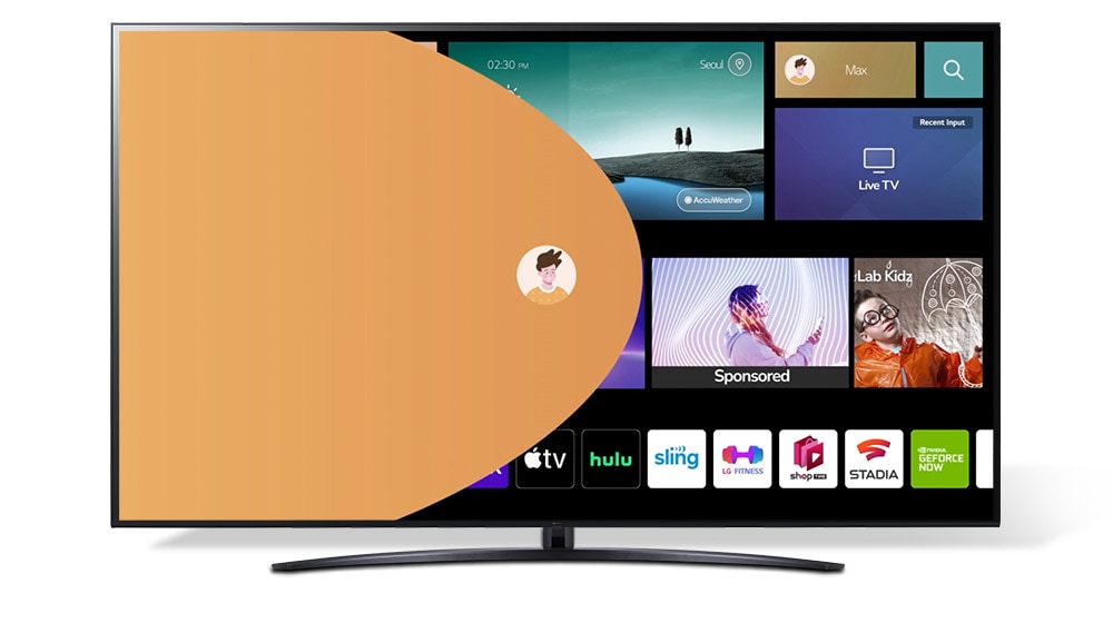 LG NanoCell TV zeigt Seiten der LG-Kontos von drei verschiedenen Nutzern und die für diese generierten individuellen Empfehlungen.