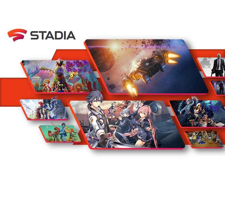 Ein Bild mit dem STADIA-Logo und Bildeinblendungen von Szenen und Figuren aus verschiedenen Spielen.