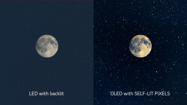 Eine Darstellung des Mondes, ein LED befindet sich auf der linken Seite und zeigt unzureichendes Schwarz an, während auf dem OLED auf der rechten Seite tiefstes Schwarz zu sehen ist (Video abspielen)