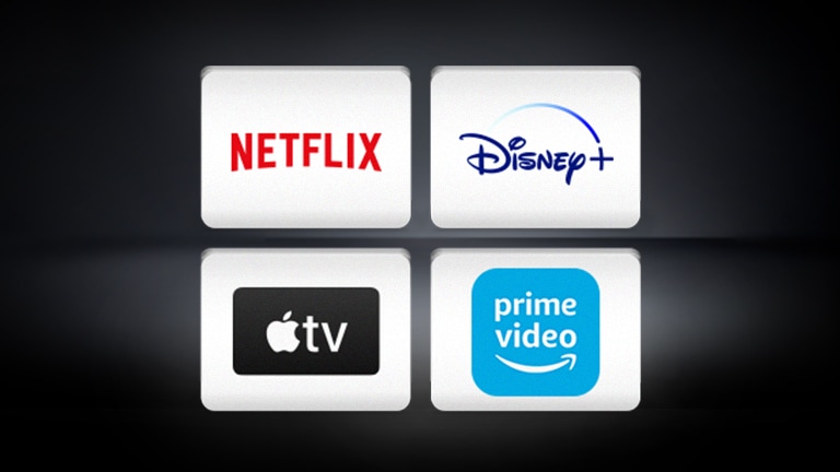 Die Logos von LG Channels, Netflix, Disney  und Apple TV sind horizontal vor einem schwarzen Hintergrund angeordnet.