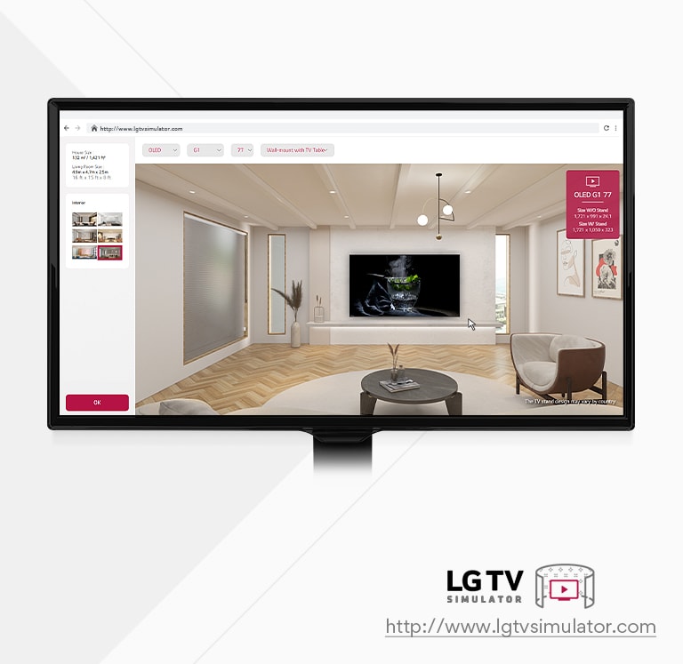 Dies ist ein erklärendes Bild eines Simulators, mit dem Sie  alle LG-TV-Modelle in einem virtuellen Raum positionieren können.