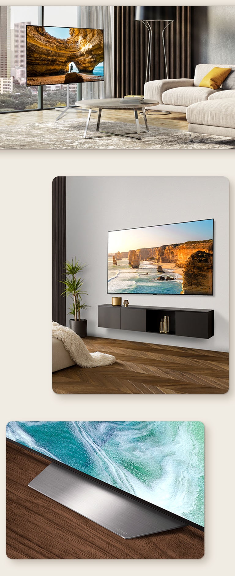 Ein Bild des LG OLED TV B3 mit einem Standfuß vor einem Fenster mit Blick auf eine urbane Szenerie. Der LG OLED TV B3 an der Wand eines modernen Zimmers. Die untere Ecke des Standfußes des LG OLED TV B3.