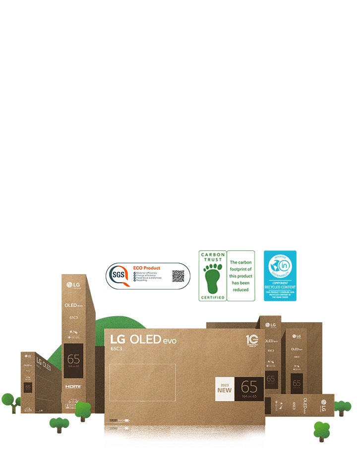 Umweltfreundliche LG OLED-Kartonverpackungen mit Abbildungen von grünen Bäumen und einem Berg.