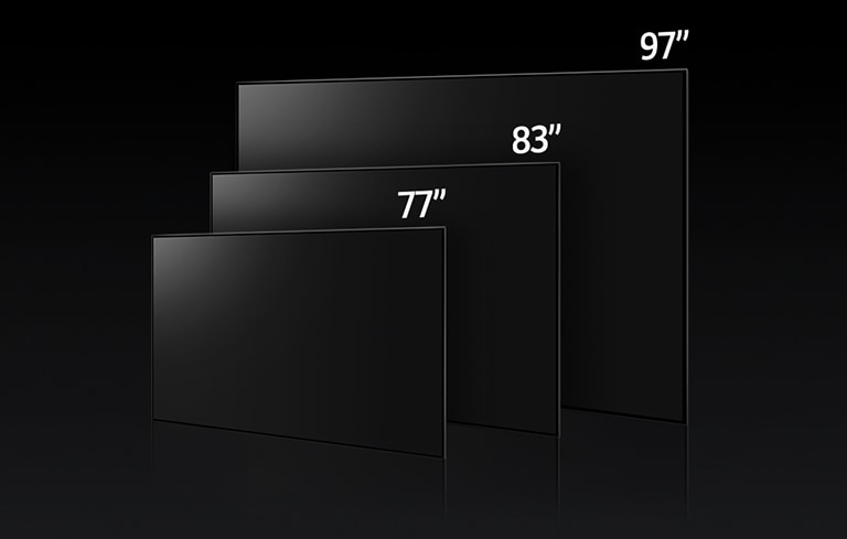 Ein Bild, das die verschiedenen Größen der LG OLED M-Serie vergleicht, zeigt 77", 83" und 97".