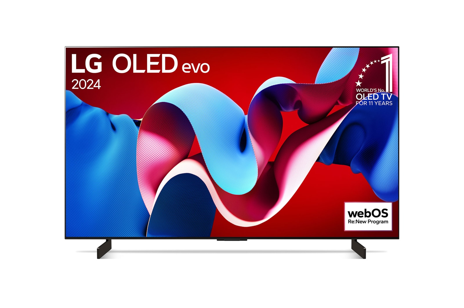 Vorderansicht mit LG OLED evo TV C4, Emblem „Bester OLED seit 11 Jahren“ und Logo „webOS Re:New-Programm“ auf dem Bildschirm