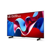 Leicht geneigte, nach links gerichtete Seitenansicht des LG OLED evo TV C4