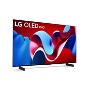 Leicht geneigte, nach rechts gerichtete Seitenansicht des LG OLED evo TV C4