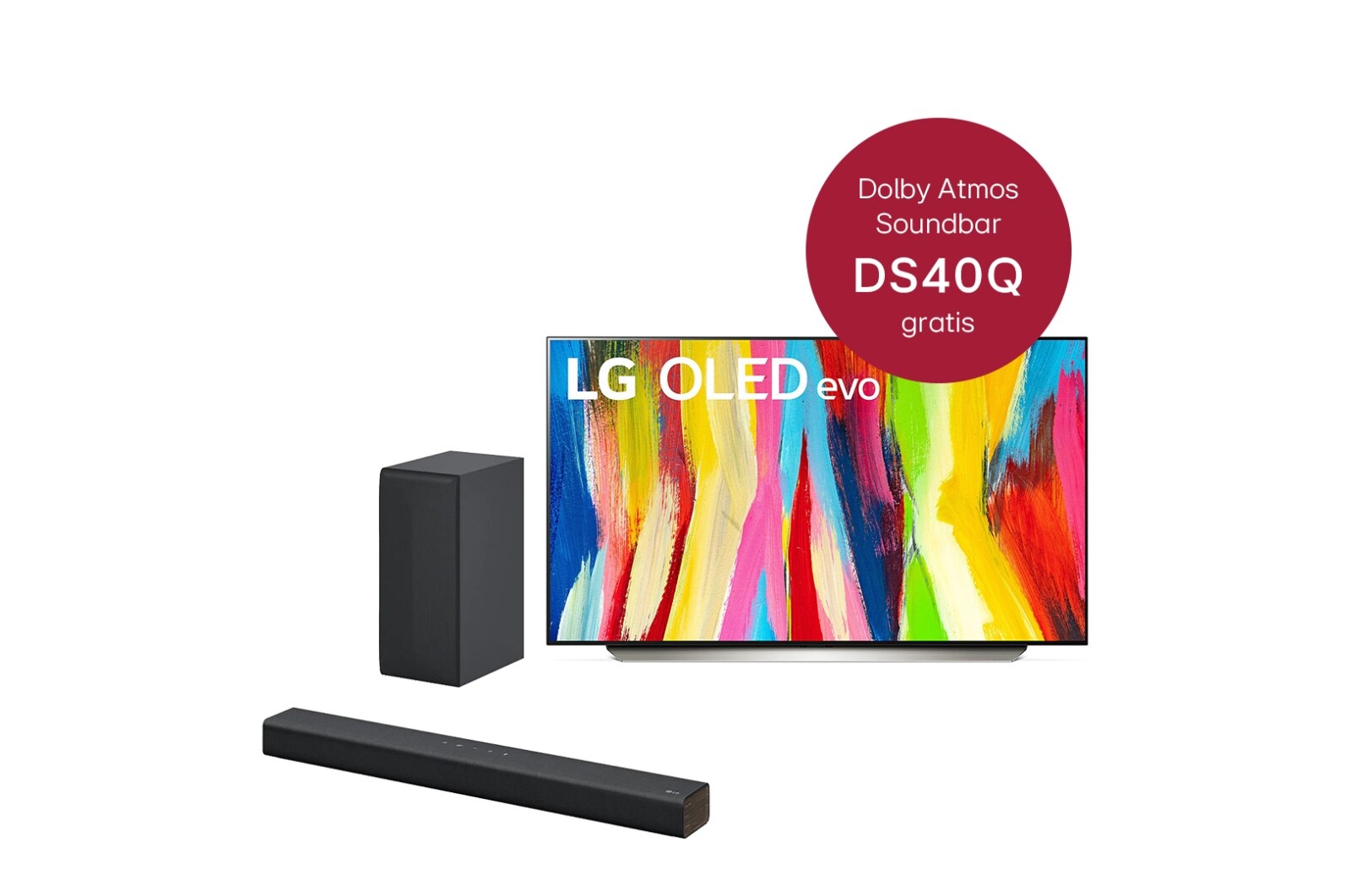 Vorderseite von 48&#39;&#39; LG 4K OLED evo TV C2 OLED48C27LA &amp; DS40Q 2.1 Soundbar mit 300 Watt | kabelloser Subwoofer OLED48C27LA.DS40Q