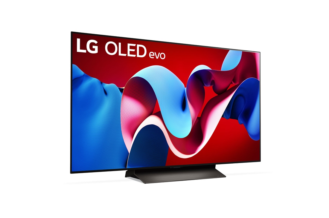Leicht geneigte, nach rechts gerichtete Seitenansicht des LG OLED evo TV C4