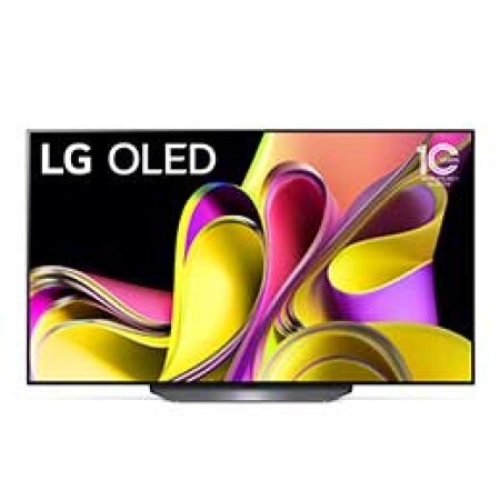 Vorderansicht mit dem LG OLED evo „10 Years World No.1“-OLED-Logo und Logo für 5 Jahre Garantie auf das Display auf dem Bildschirm