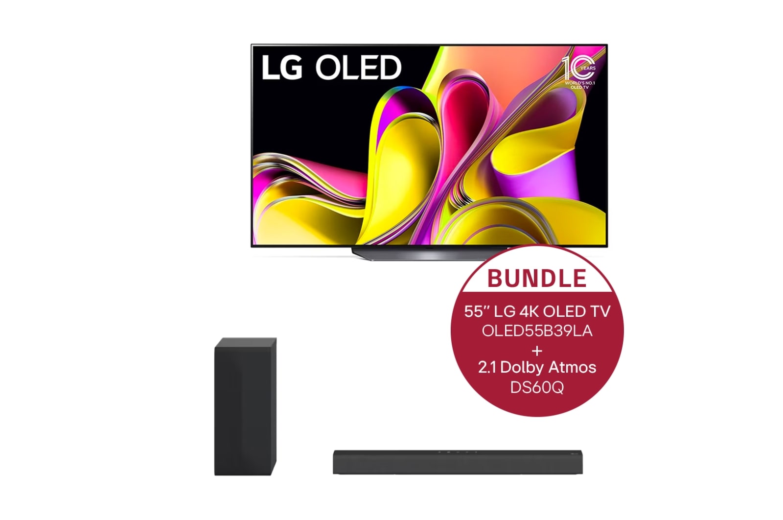 Vorderseite von 55'' LG 4K OLED TV B3 OLED55B39LA & 2.1 Dolby Atmos® Soundbar mit 300 Watt | kabelloser Subwoofer DS60Q OLED55B39LA.DS60Q