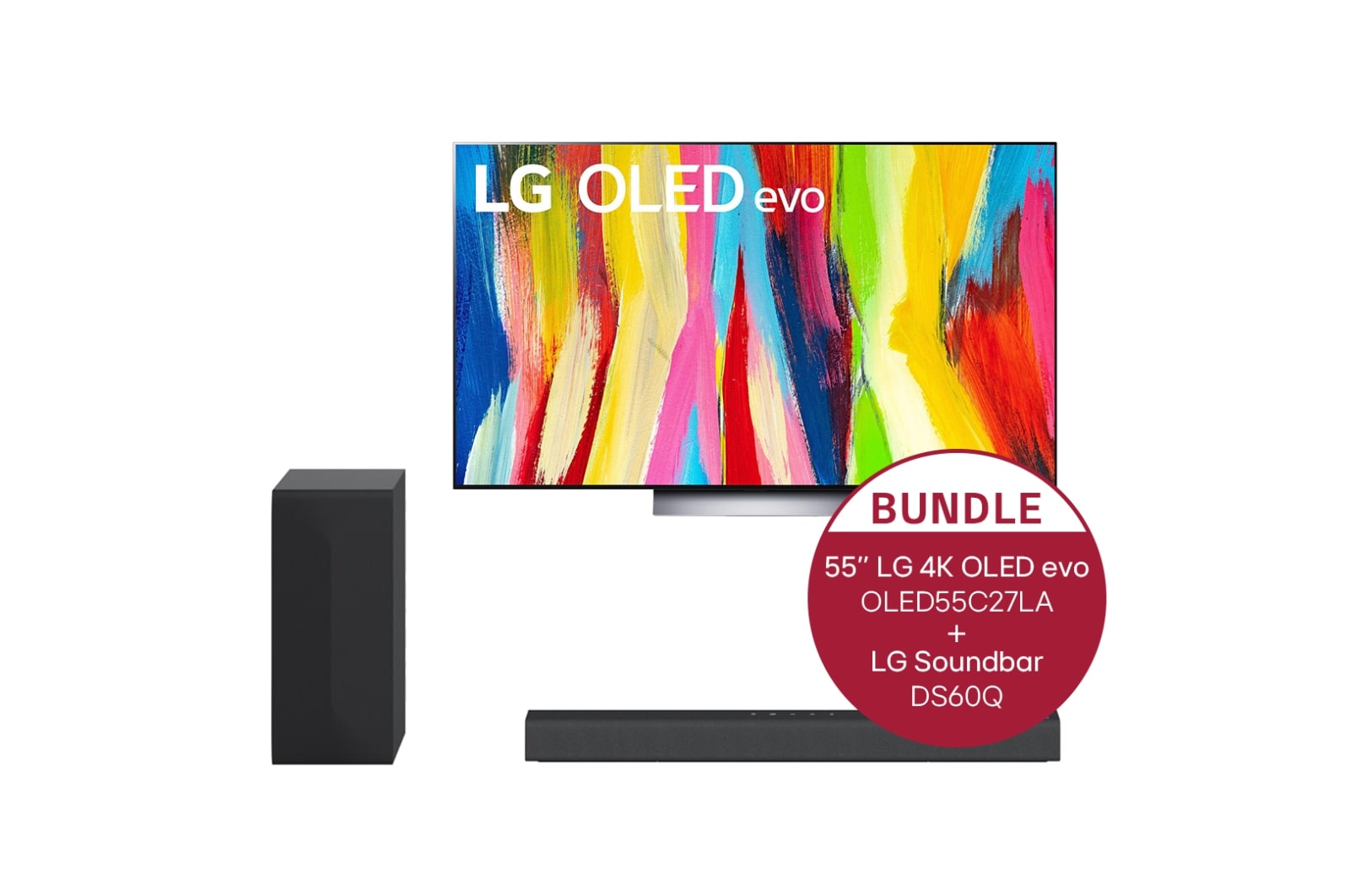 Vorderseite von 55&#39;&#39; LG 4K OLED evo TV C2 OLED55C27LA &amp; DS60Q 2.1 Dolby Atmos® Soundbar mit 300 Watt | kabelloser Subwoofer OLED55C27LA.DS60Q