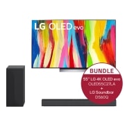 Vorderseite von 55&#39;&#39; LG 4K OLED evo TV C2 OLED55C27LA &amp; DS60Q 2.1 Dolby Atmos® Soundbar mit 300 Watt | kabelloser Subwoofer OLED55C27LA.DS60Q