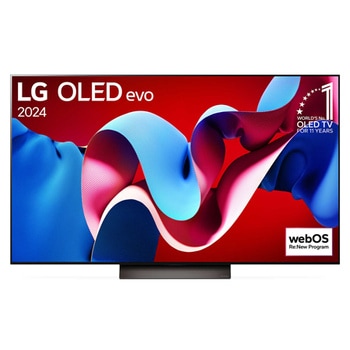 Vorderansicht mit LG OLED evo TV C4, Emblem „Bester OLED seit 11 Jahren“ und Logo „webOS Re:New-Programm“ auf dem Bildschirm