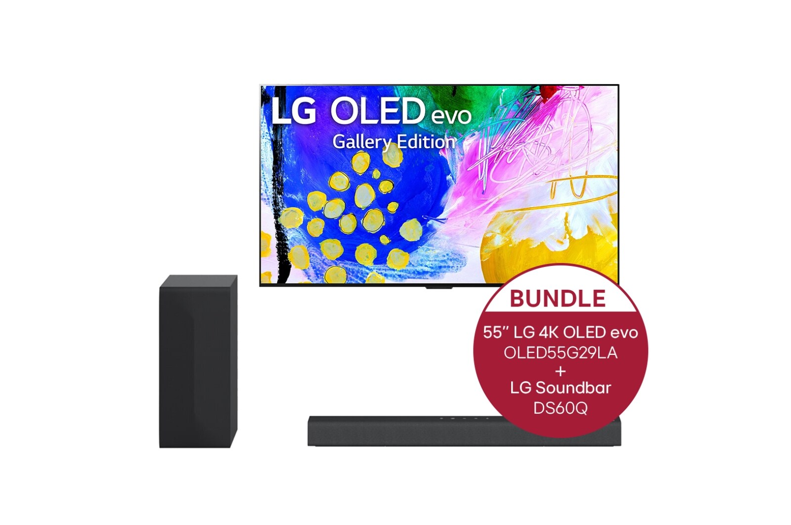 Vorderseite von 55&#39;&#39; LG 4K OLED evo TV G2 &amp; 2.1 Dolby Atmos® Soundbar mit 300 Watt | kabelloser Subwoofer OLED55G29LA.DS60Q