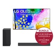 Vorderseite von 55&#39;&#39; LG 4K OLED evo TV G2 &amp; 2.1 Dolby Atmos® Soundbar mit 300 Watt | kabelloser Subwoofer OLED55G29LA.DS60Q
