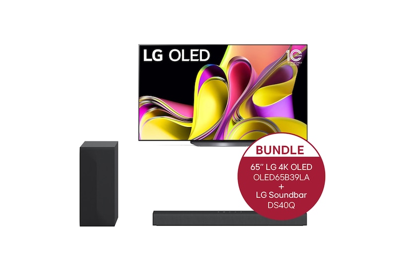 Vorderseite von 65'' LG 4K OLED TV B3 & 2.1 Soundbar mit 300 Watt | kabelloser Subwoofer OLED65B39LA.DS40Q