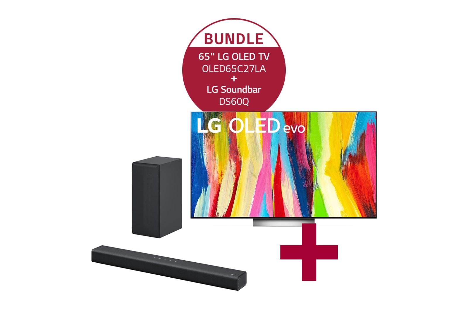 Vorderseite von 65&#39;&#39; LG 4K OLED evo TV C2 OLED65C27LA und &#xfeff;2.1 Dolby Atmos® Soundbar DS60Q OLED65C27LA.DS60Q