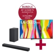 Vorderseite von 65&#39;&#39; LG 4K OLED evo TV C2 OLED65C27LA und &#xfeff;2.1 Dolby Atmos® Soundbar DS60Q OLED65C27LA.DS60Q