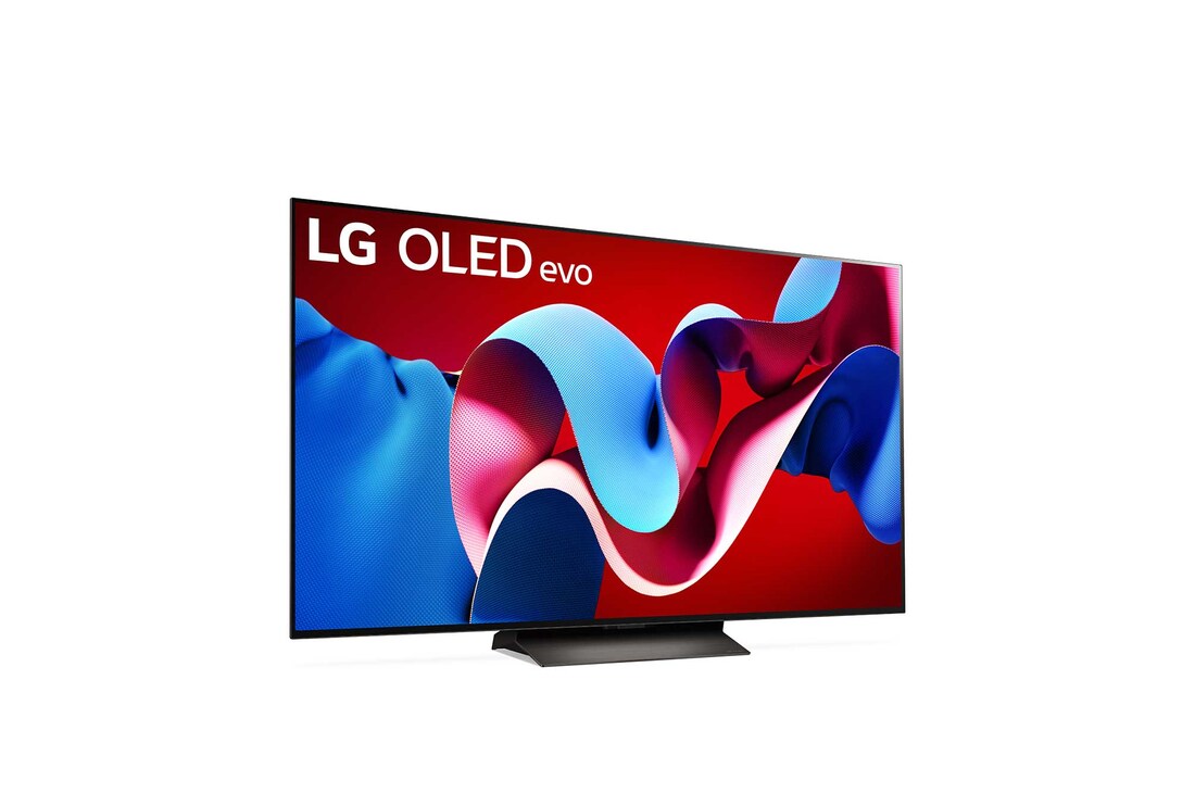 Leicht geneigte, nach rechts gerichtete Seitenansicht des LG OLED evo TV C4