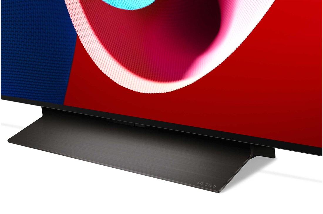 Nahaufnahme des LG OLED evo TV C4 von der Basis aus