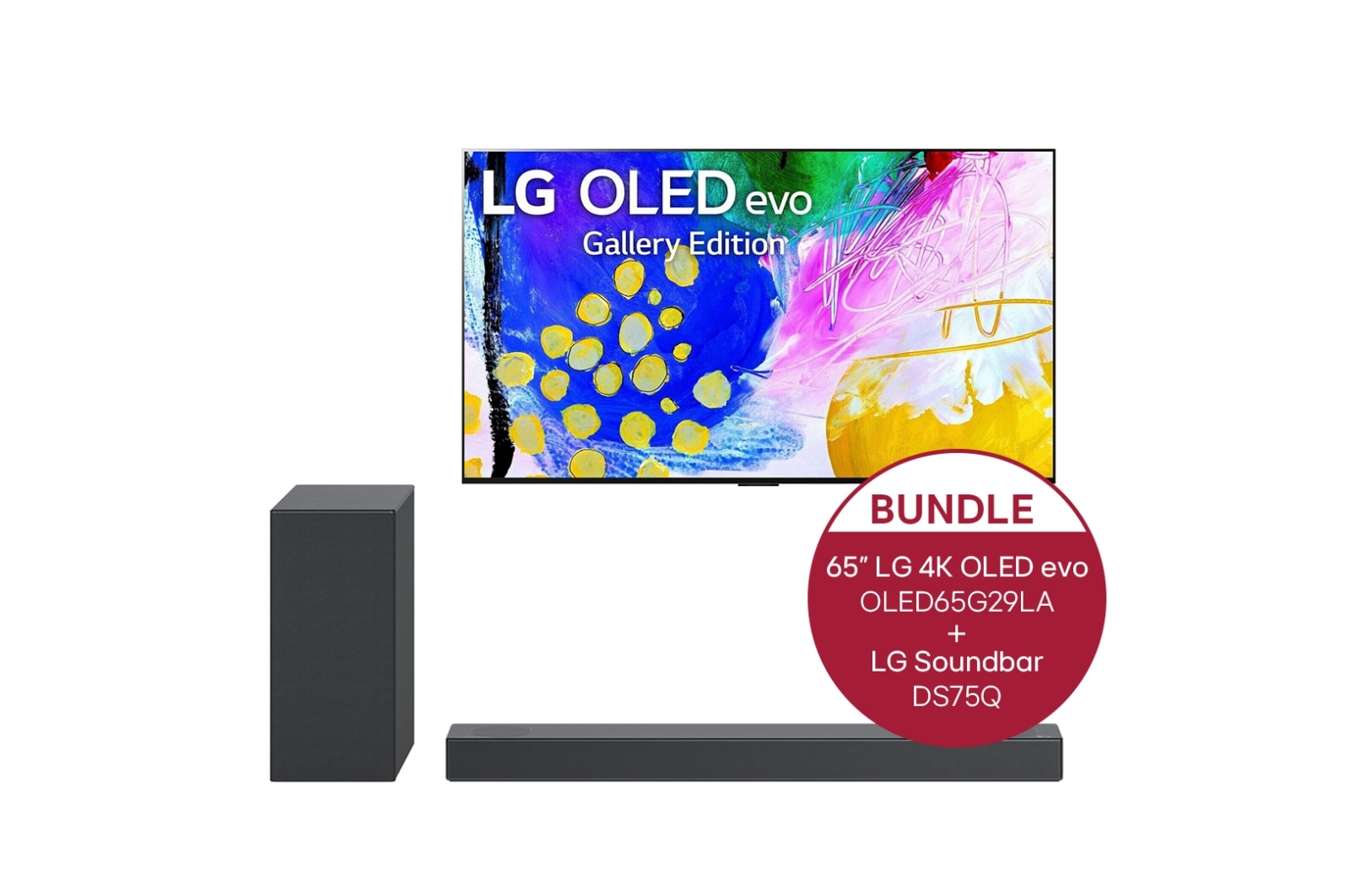 Vorderseite von 65&#39;&#39; LG 4K OLED evo TV G2 &amp; 3.1.2 Dolby Atmos® Soundbar mit 380 Watt | kabelloser Subwoofer OLED65G29LA.DS75Q