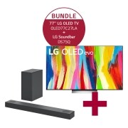 Vorderseite von 77&#39;&#39; LG 4K OLED evo TV C2 OLED77C27LA &amp; DS75Q 3.1.2 Dolby Atmos® Soundbar mit 380 Watt | kabelloser Subwoofer OLED77C27LA.DS75Q