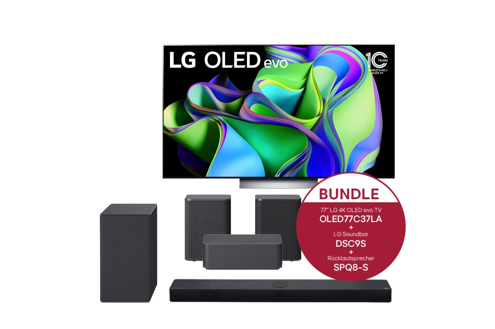 Vorderseite von 77&#39;&#39; LG 4K OLED evo TV C3 &amp; 3.1.3 Dolby Atmos® Soundbar mit 400 Watt | kabelloser Subwoofer &amp; 2.0 Rücklautsprecher mit 140 Watt | Kompatibel mit Soundbars DS90QY und DS80QY | Wireless-Anbindung OLED77C37LA.DSC9SPQ