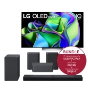 Vorderseite von 77&#39;&#39; LG 4K OLED evo TV C3 &amp; 3.1.3 Dolby Atmos® Soundbar mit 400 Watt | kabelloser Subwoofer &amp; 2.0 Rücklautsprecher mit 140 Watt | Kompatibel mit Soundbars DS90QY und DS80QY | Wireless-Anbindung OLED77C37LA.DSC9SPQ