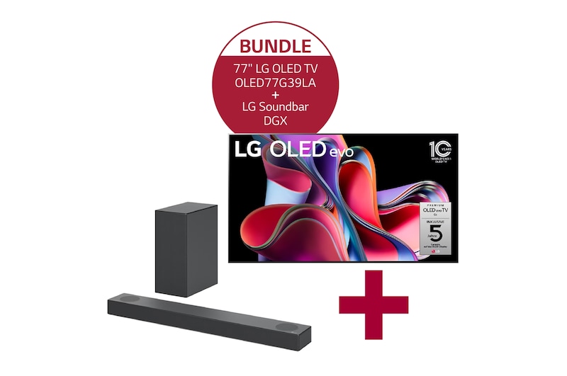 Vorderseite von 77'' LG 4K OLED evo TV G3 OLED77G39LA & DGX 3.1 Dolby Atmos®️ Design-Soundbar mit 420 Watt | kabelloser Subwoofer OLED77G39LA.DGX