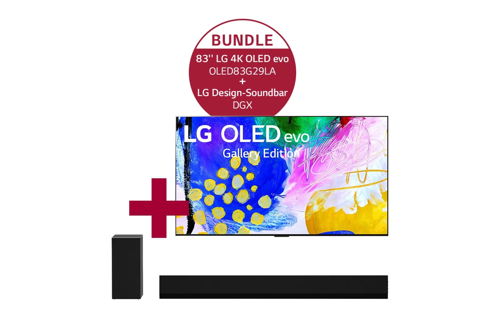 Vorderseite von 83&#39;&#39; LG 4K OLED evo TV G2 OLED83G29LA &amp; DGX 3.1 Dolby Atmos®️ Design-Soundbar mit 420 Watt | kabelloser Subwoofer OLED83G29LA.DGX
