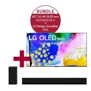 Vorderseite von 83&#39;&#39; LG 4K OLED evo TV G2 OLED83G29LA &amp; DGX 3.1 Dolby Atmos®️ Design-Soundbar mit 420 Watt | kabelloser Subwoofer OLED83G29LA.DGX