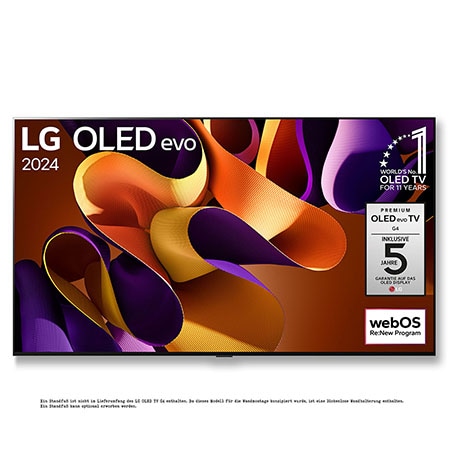 Front view with LG OLED evo TV, OLED G4, 11 Years of world number 1 OLED Emblem, and 5-Year Panel Warranty logo on screen