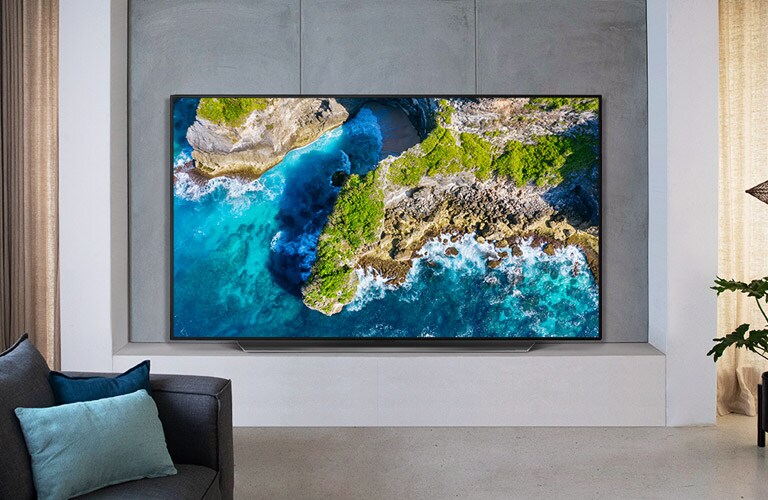 Fernseher mit einer Naturaufnahme in einem Haus mit luxuriöser Einrichtung
