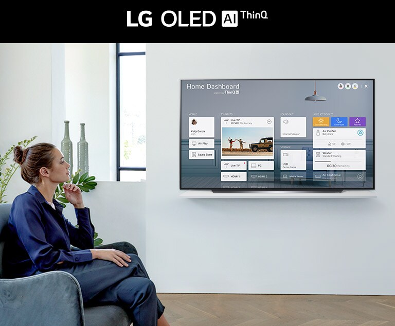 Mutter und Tochter sitzen auf der Couch im Wohnzimmer und auf dem Fernsehbildschirm wird das Home Dashboard angezeigt.