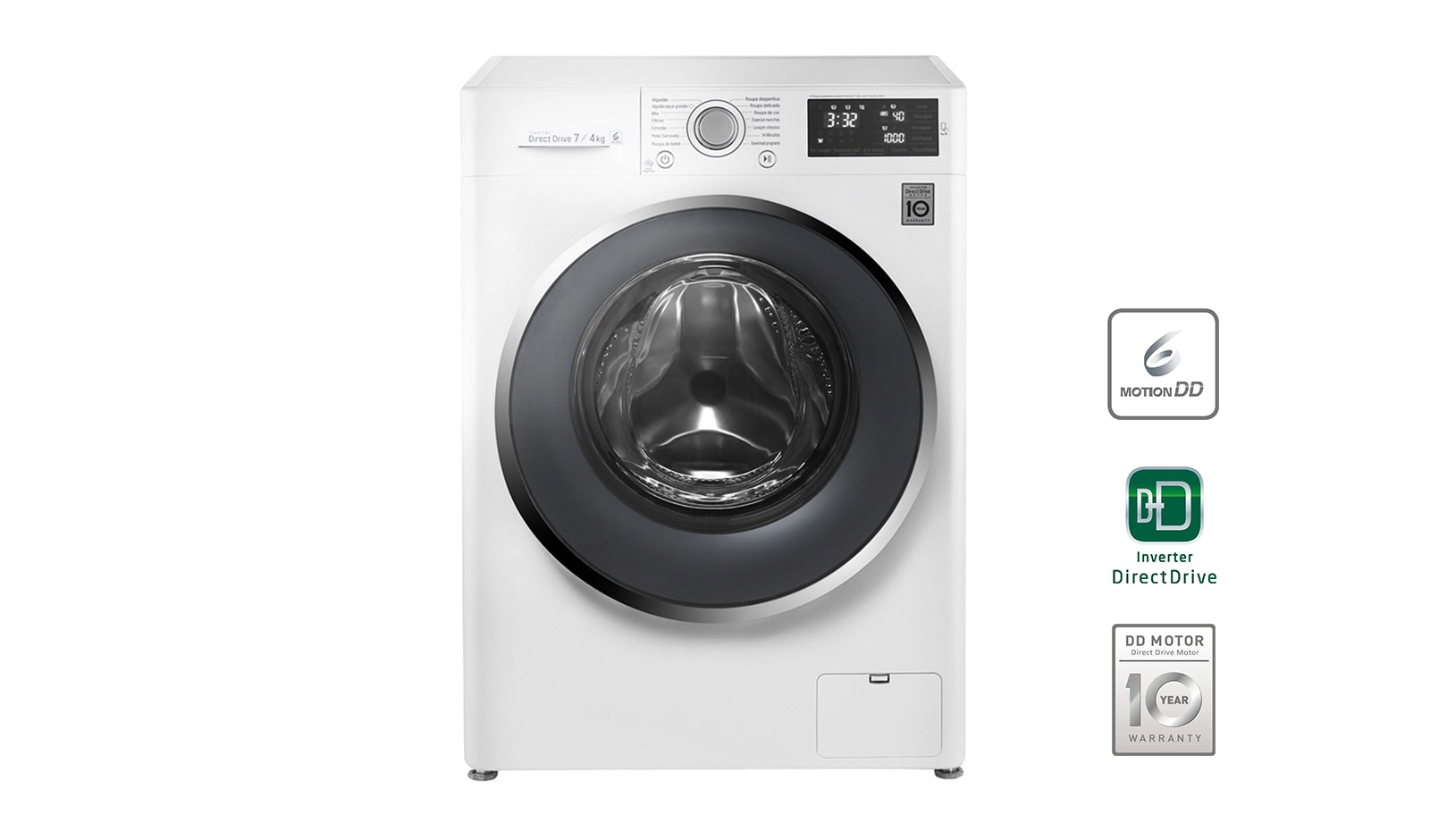 Vorderseite von Waschtrockner mit 6 Motion Direct Drive™-Technologie. 7 kg Waschen / 4 kg Trocknen bei nur 45 cm Gerätetiefe. F12U2HDM1NH